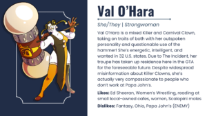 An image of a circus stro ngwoman named Val O'Hara Next to the following text: Val O’Hara is a mixed Killer and Carnival Clown, taking on traits of both with her outspoken personality and questionable use of the hammer! She’s energetic, intelligent, and wanted in 32 U.S. states. Due to The Incident, her troupe has taken up residence here in the GTA for the foreseeable future. Despite widespread misinformation about Killer Clowns, she’s actually very compassionate to people who don’t work at Papa John’s. 