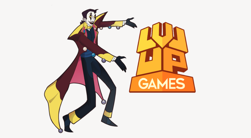 Edmund, a clown, presenting the gold and orange lvl up games logo